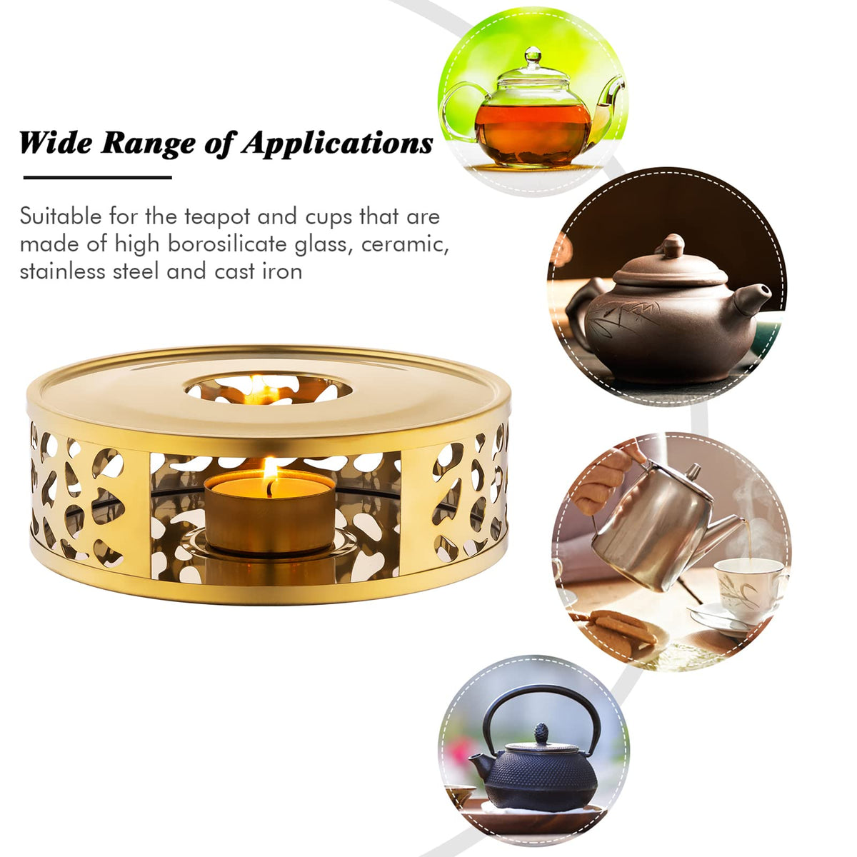 Simtive Teapot Warmer, Brushed Stainless Steel Tea Warmer with Tealight Holder, Gold