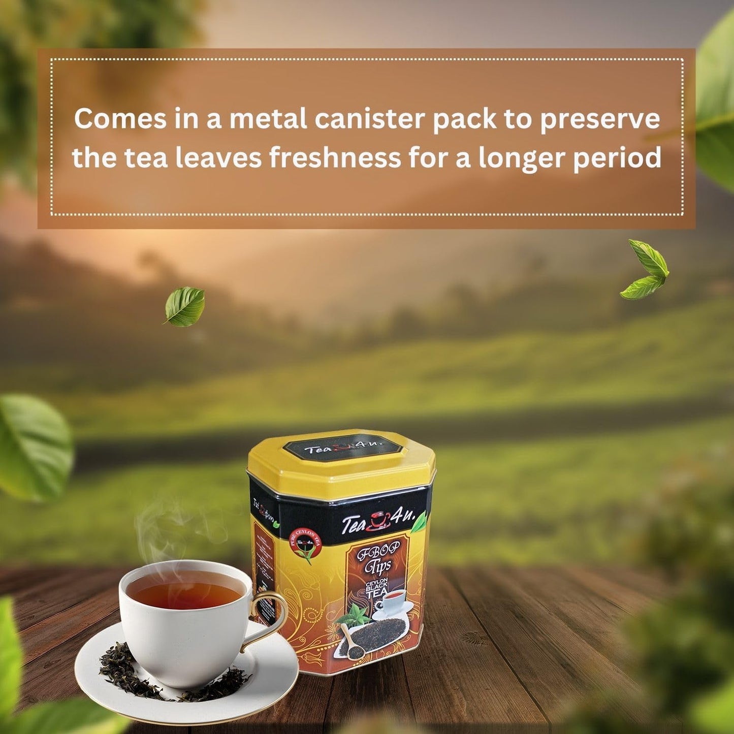 Tea4U Flowery Broken Orange Pekoe (FBOP) Tips Loose Black Ceylon Tea - Handpicked Fresh Tea Leaves with Rich Aromatic Flavor - Metal Canister for Authentic Flavor &amp; Long Lasting Freshness - 200g