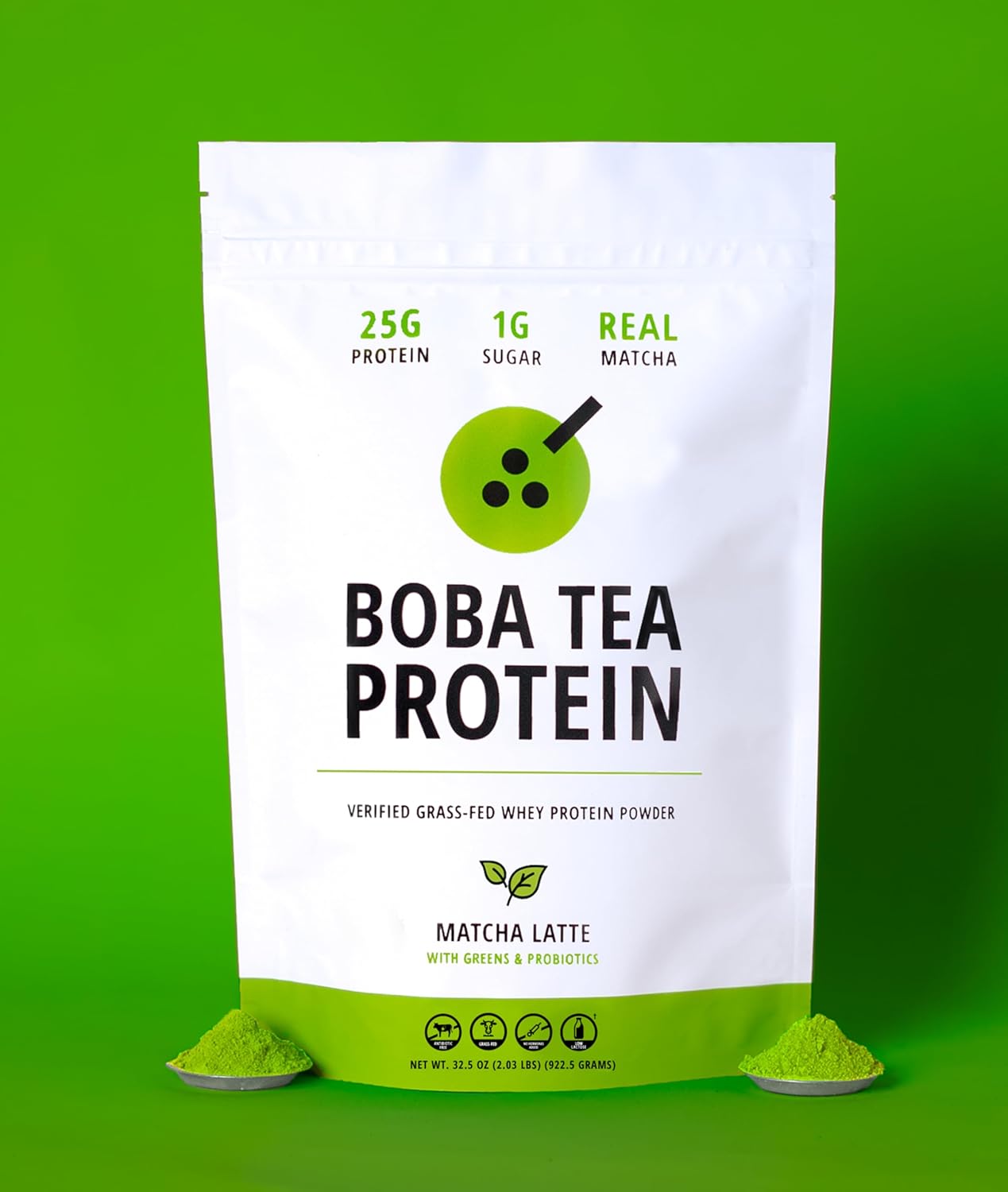 Boba Tea Protein Matcha Latte | 25g Grass-Fed Whey Protein Isolate Powder | Gluten-Free & Soy-Free Bubble Tea Protein Drink | Real Ingredients & Lactose-Free Protein Drink | 25 Servings