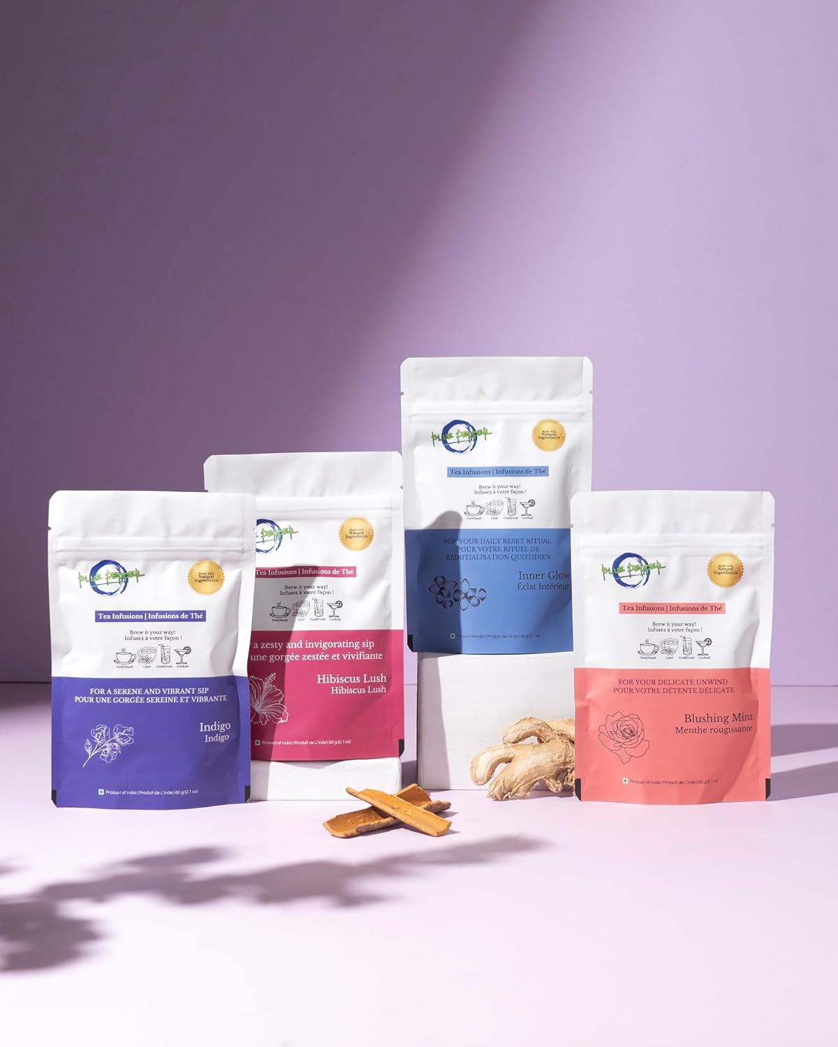 Blue Pepper Tea Infusion | Butterfly Pea Flower Blend with Ginger, Tulsi (Holy Basil), Amla (Indian Gooseberry) &amp; Cardamom | Caffeine-Free Natural Beverage | 60g