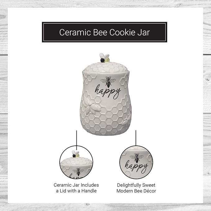 Young's Inc. Ceramic Honey Bee Cookie Jar with Lid and Handle – Honeycomb Design, 5.75" x 5.83" x 7.87", Decorative and Functional Kitchen Storage