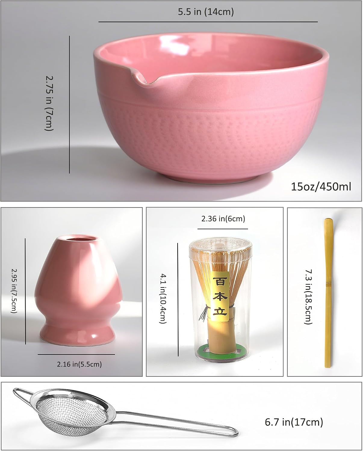 Mimiio Pink Matcha Whisk Set, 5 Pcs - Pink, Ceramic &amp; Bamboo, Japanese Traditional Matcha, Includes Bowl, Whisk, Holder, Sifter, Scoop