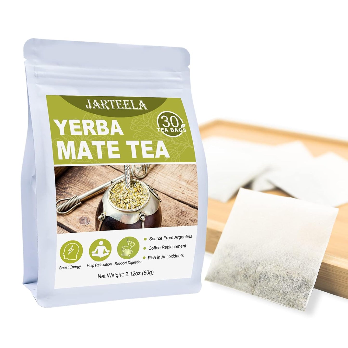 Jarteela - Yerba Mate Tea Bags, 30 Count, Unsmoked Mate Tea | Premium unsmoked Yerba Mate from Argentina, naturally rich in antioxidants, Non-GMO, Smooth, perfect as a coffee alternative