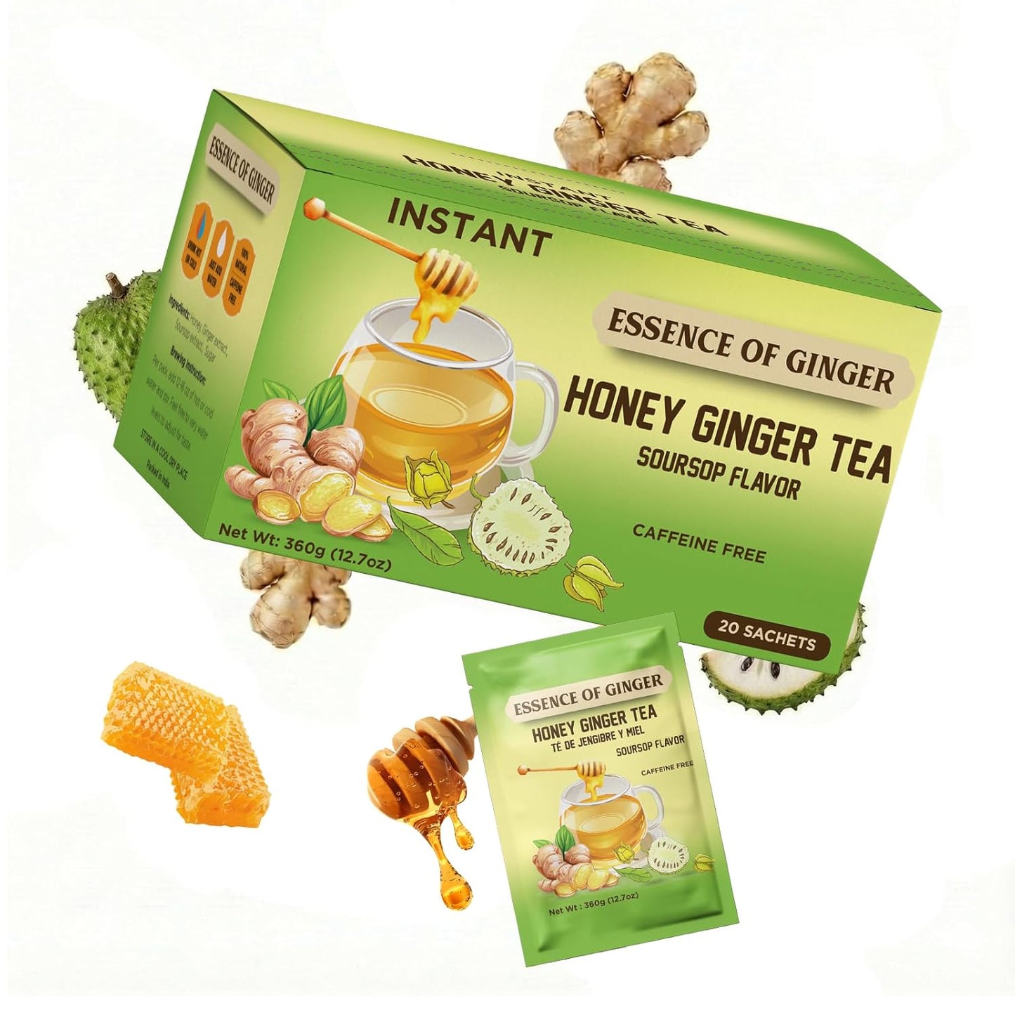 Life Plus Style Gourmet Essence of Ginger Honey Ginger Soursop Herbal Tea 20 Instant Tea Powder Packets Caffeine Free Natural Pure Soursop Hebal Tea