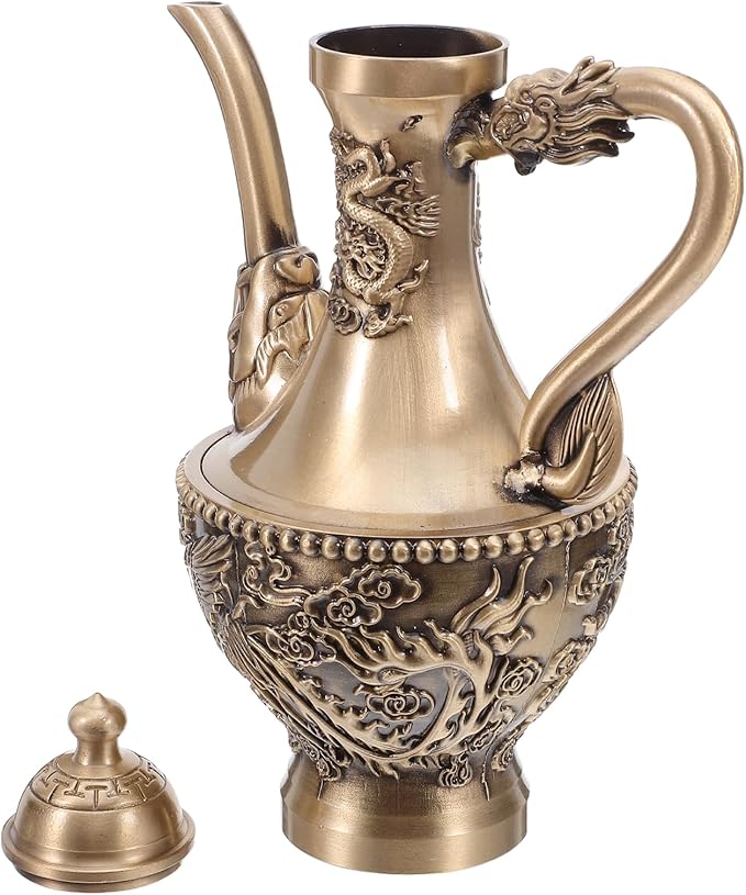 Logofun Vintage Dragon Embossed Brass Tea Pot 300ml Chinese Retro Kettle for Coffee Serving Decor