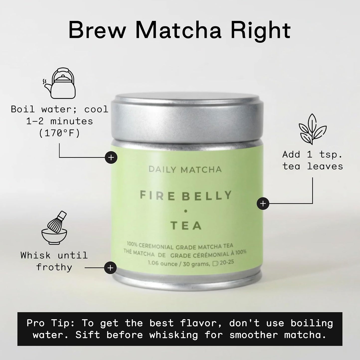 Firebelly Tea Daily Matcha Powder, Ceremonial Grade Matcha from Japan, Premium Stone-Milled Japanese Green Tea Powder, Smooth Balanced Energy, 1.06 oz