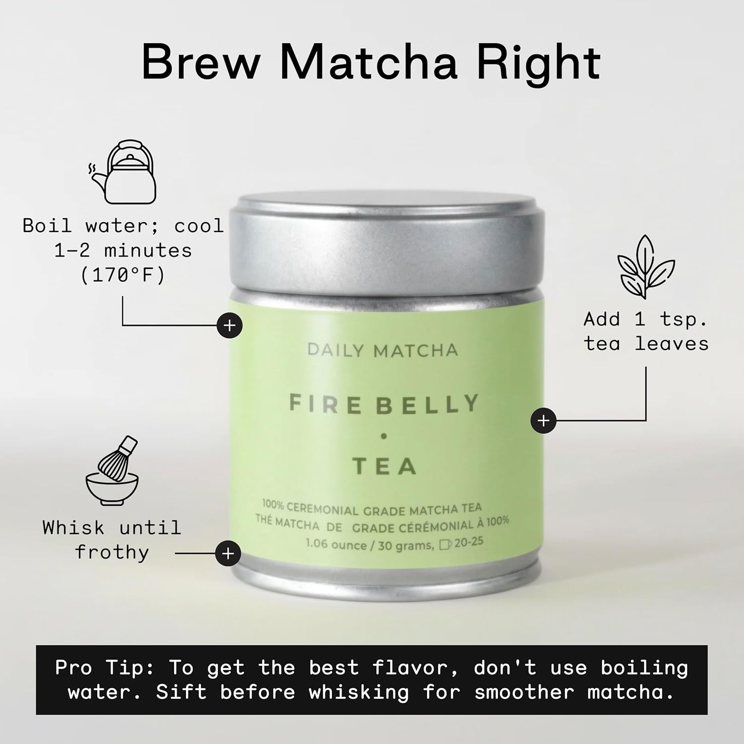 Firebelly Tea Daily Matcha Powder, Ceremonial Grade Matcha from Japan, Premium Stone-Milled Japanese Green Tea Powder, Smooth Balanced Energy, 1.06 oz