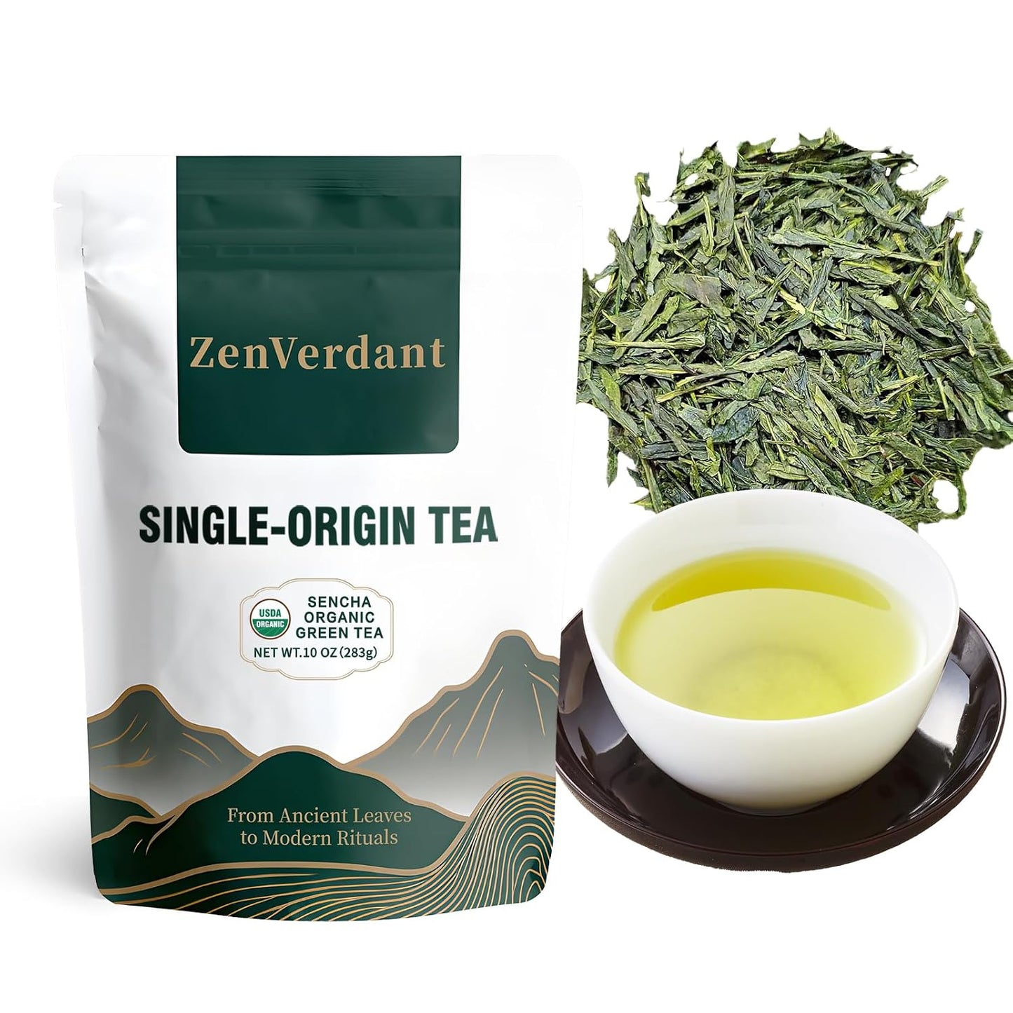 ZenVerdant Organic Sencha Green Tea,10oz, 150+ Cups | Smooth &amp; Clean Refreshing Taste, Premium Japanese Style Sencha, Resealable Fresh Pouch, Perfect for Hot &amp; Iced Tea