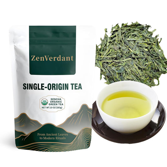 ZenVerdant Organic Sencha Green Tea,10oz, 150+ Cups | Smooth &amp; Clean Refreshing Taste, Premium Japanese Style Sencha, Resealable Fresh Pouch, Perfect for Hot &amp; Iced Tea