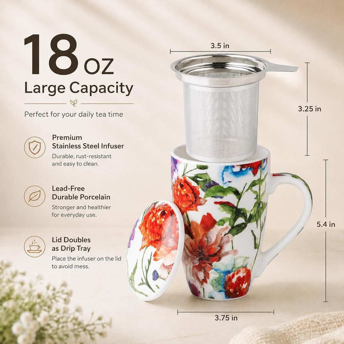 GBhome Tea Mug with Infuser and Lid,18 oz Loose Leaf Tea Cup with Steeper