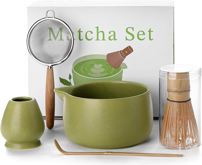 20OZ Matcha Whisk Set - 5PCS Japanese Tea Set Includes Matcha Bowl with Spout, Bamboo Whisk with Ceramic Holder, Bamboo Scoop and Sifter
