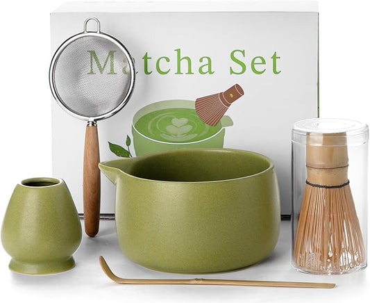 20OZ Matcha Whisk Set - 5PCS Japanese Tea Set Includes Matcha Bowl with Spout, Bamboo Whisk with Ceramic Holder, Bamboo Scoop and Sifter