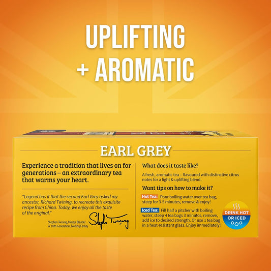 Twinings Earl Grey Black Bergamot Caffeinated Tea Bags, 100 CT Box (1 Pack) | Classic Tradition, Black Tea with Citrus, Naturally Caffeinated, 100 Foil Lined Individually Wrapped Bags, Enjoy Hot or Iced