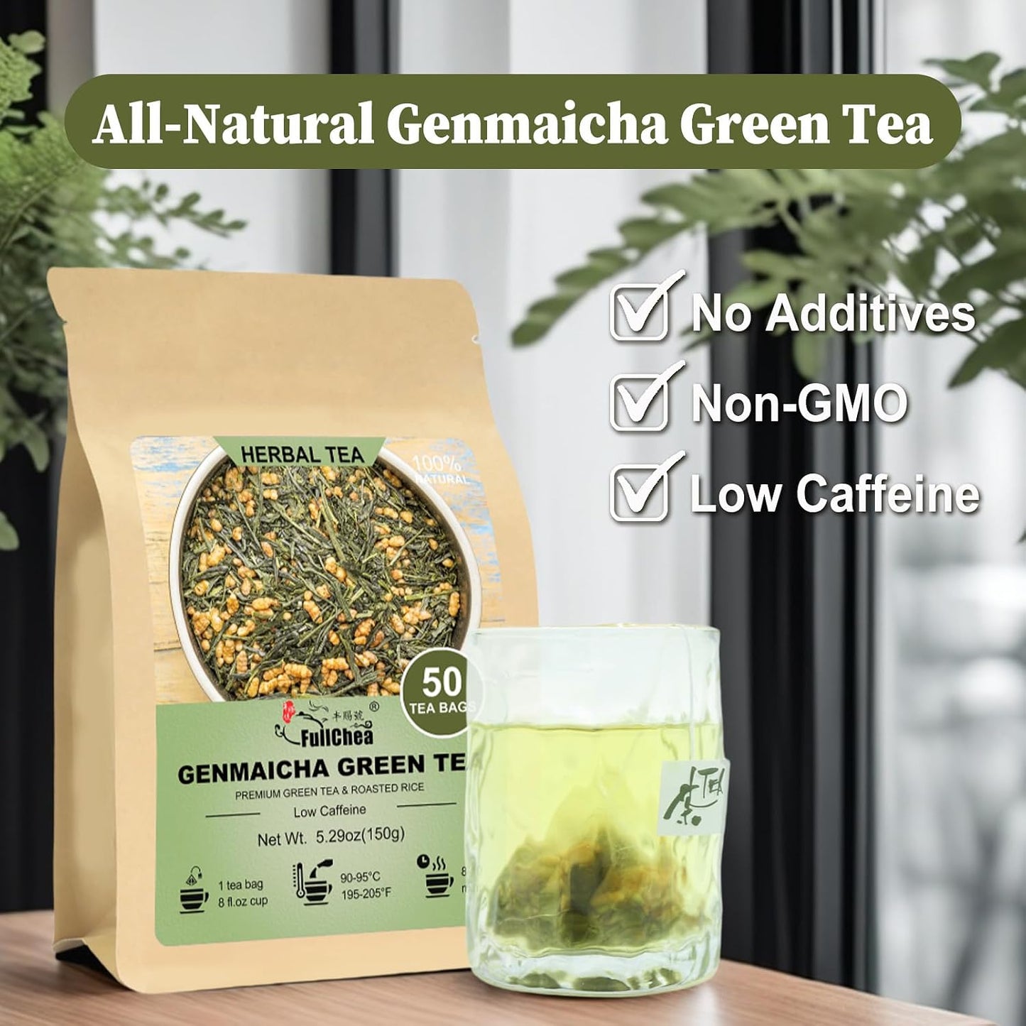 FullChea - Genmaicha Tea Bags, 50 Count, Green Tea with Roasted Rice