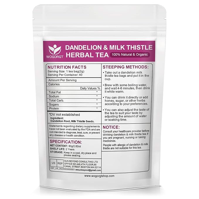 Dandelion Root with Milk Thistle Tea Bags - Natural Dried Dandelion Root and Milk Thistle Herbal Tea bags, Antioxidant and Immune Support