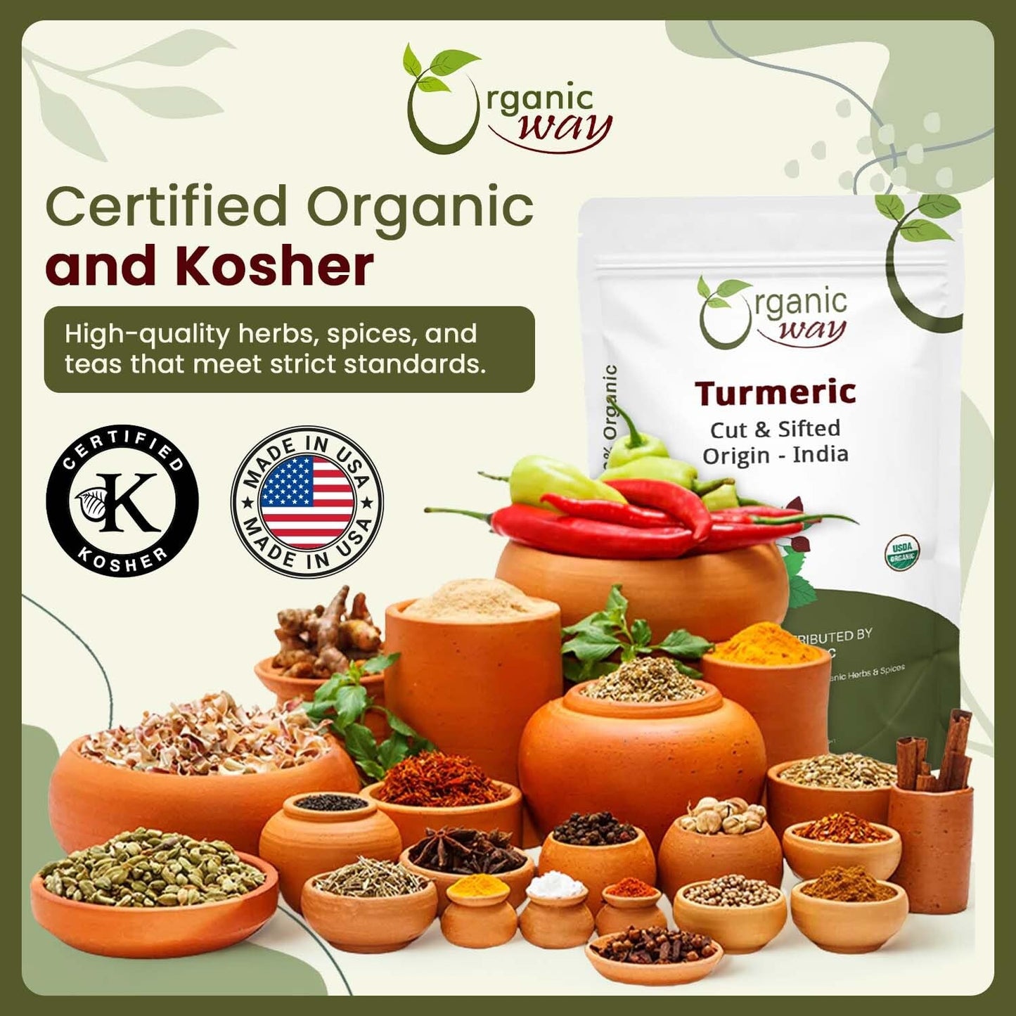 Organic Way Turmeric/Haldi Root Cut &amp; Sifted - Herbal Tea (16 Ounce) | Curcuma Longa botanical herb, USDA Organic and Kosher Certified; raw, vegan, Non-GMO, and gluten-free.