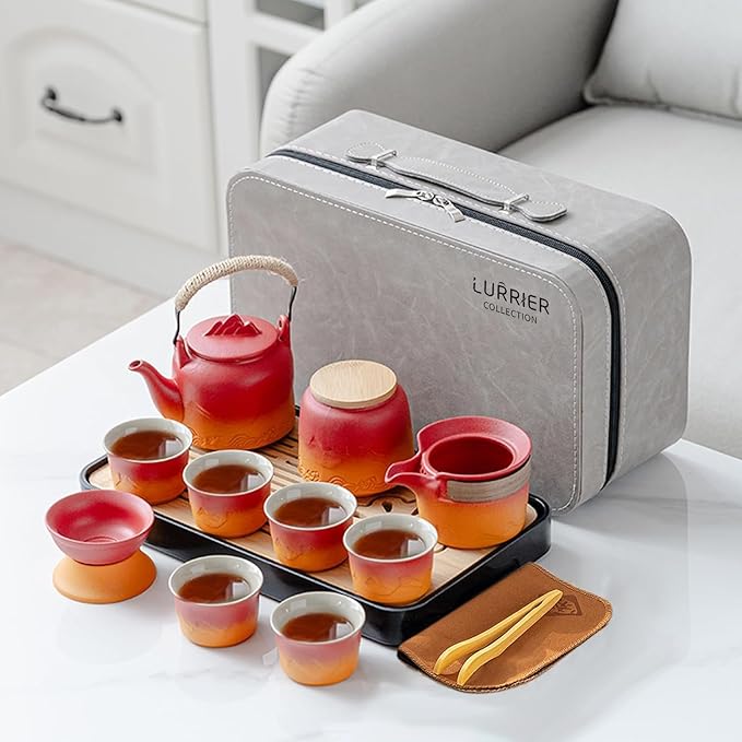 LURRIER Gongfu tea sets, Portable Ceramic TeaSet, Asian Tea sets for adult, Tea Gift sets, Grey leat