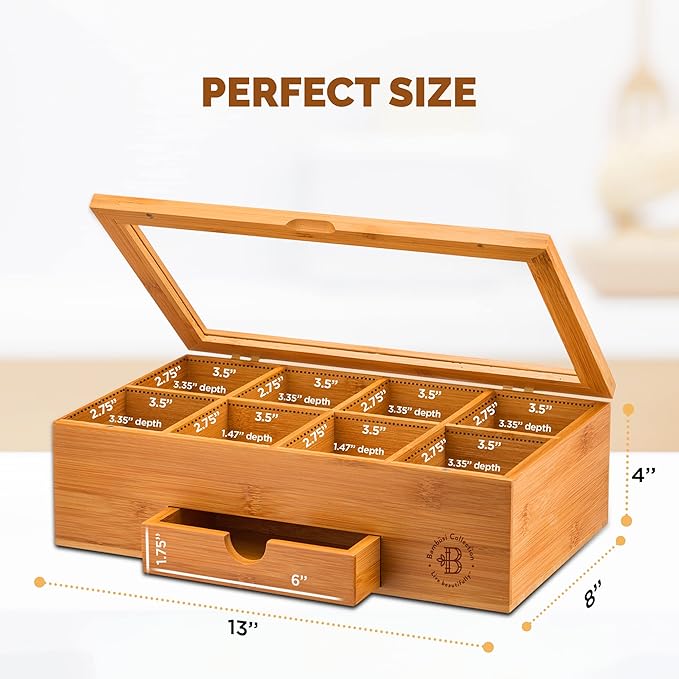 Tea Bag Organizer - Christmas Gift Bamboo Tea Box Organizer Storage Box, Tea Bag Holder with Drawer & Acrylic Window