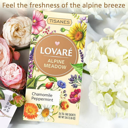 Lovare Alpine Meadow Herbal Tea – Flavorful Blend with Fruits & Flowers, chamomile, peppermint – Caffeine-Free, Fragrant & Refreshing