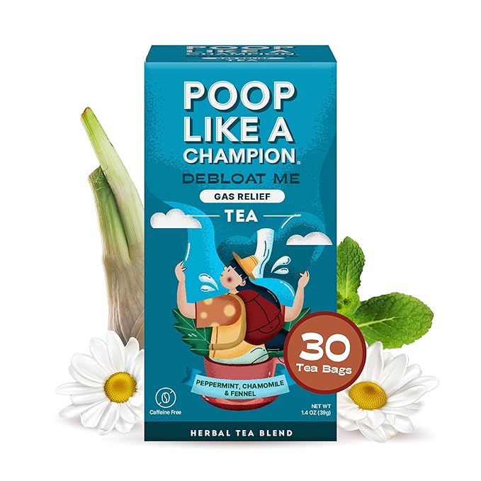 Poop Like A Champion Gas Relief Chamomile Peppermint Tea, 30 Bags, Herbal Tea for Digestion and Bloating, Chamomile Tea Bags with Fennel