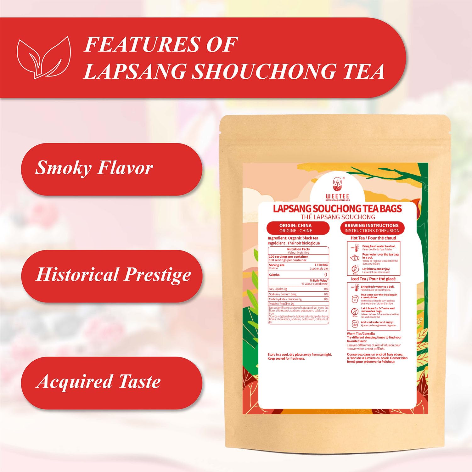 WT WEETEE Lapsang Souchong Tea Bags, 100 Count Smoky Black Tea, Natural Caffeine & Antioxidant, Classic Specialty Chinese Tea, Resealable Kraft Bag | Brew Hot or Iced