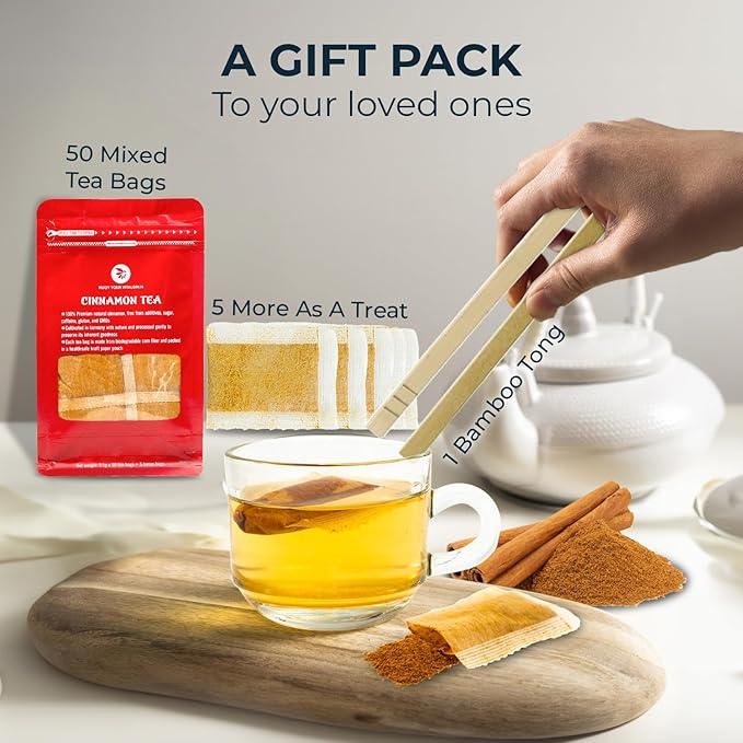 Cinnamon Tea Bags - 55 Count (+5 Tea Bags) Bamboo Tong Included - 5.11 oz, Re-Steep Warm & Spicy Heat Herbal Tea, Calm Stomach & Detox, Support Body