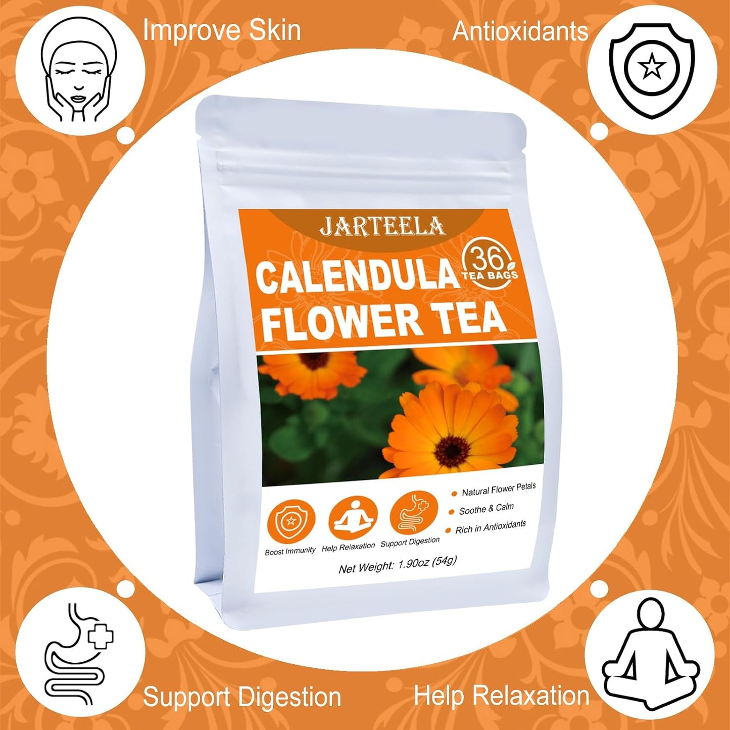 Jarteela - Dried Calendula Flowers Tea Bag, 36 Ct, Calendula Herbs Teabags | calendula flowers, supports gentle digestion and helps maintain healthy-looking skin. Caffeine-free, Non-GMO.