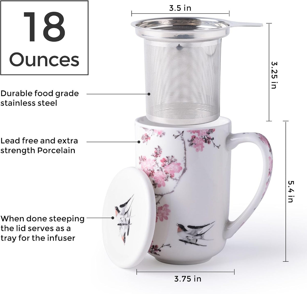 AmorArc Tea Cup With Infuser and Lid, 18oz Loose Leaf Tea Mug With Steeper