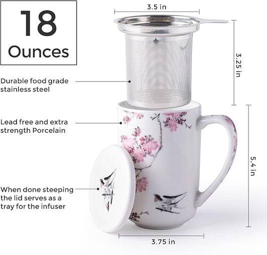 AmorArc Porcelain Tea Mug with Infuser and Lids, 18 Oz Coffee Cup Strainer with Bag Holder for Loose Leaf Tea
