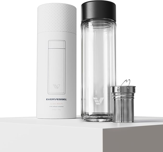 Glass Multi Tea Infuser Bottle 14oz - Double Wall Borosilicate Glass Flask, No Plastic Touches Contents, Perfect for Office or Home - Black