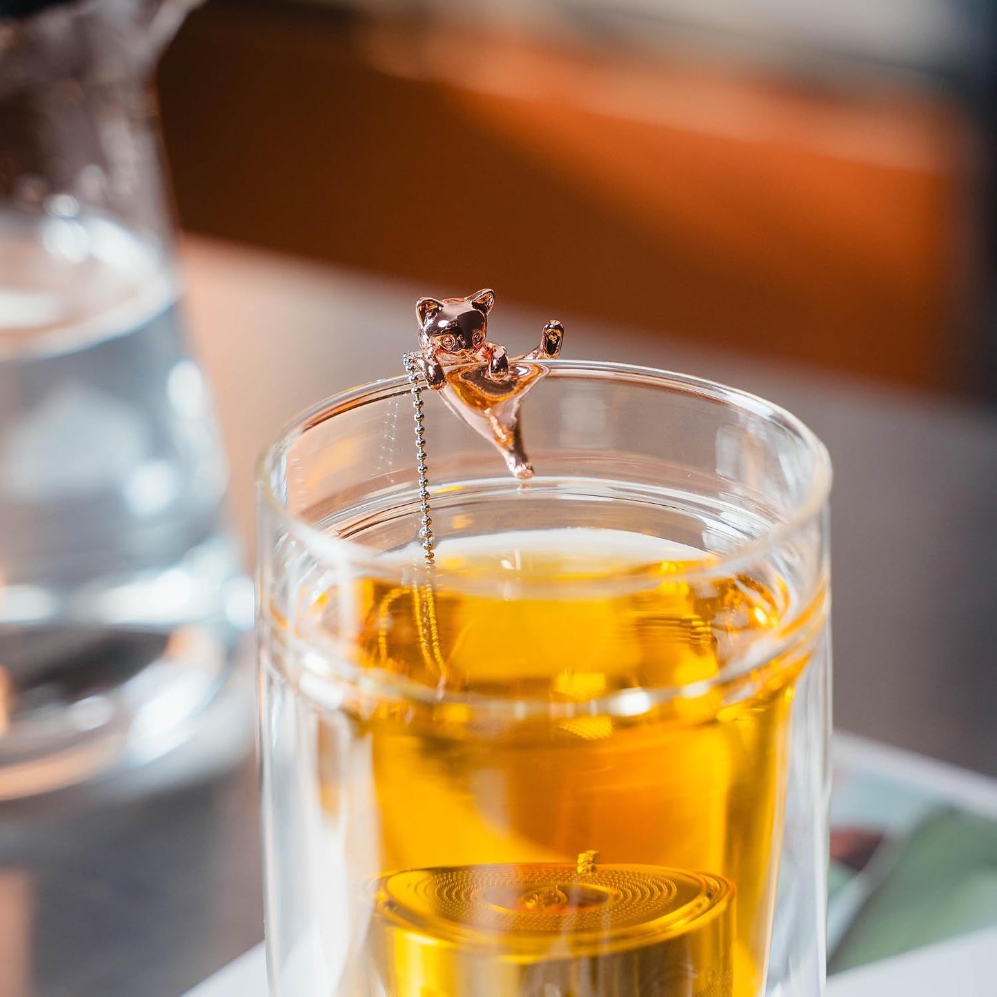 Cat Tea Infuser Stainless Steel with Secure Clip Rose Gold Kitty - Cute Animal Tea Ball Strainer, Reusable Loose Leaf Infuser w/Hanging Clip &amp; Glass Holder Gift for Tea Lovers