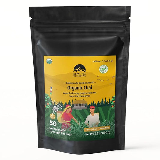 NEPAL TEA Organic Herbal Chai Tea Bags with Lemongrass - 50 Pyramid Tea Bags, Single Origin Chai Tea from a Family Farm - Caffeine Free Tea Bags with Loose Leaf Tea Inside (Kathmandu Cosmos)