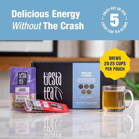 Tiesta Tea - Classic Loose Leaf Tea Gift Box, High to Non-Caffeinated Assorted Blends, 5 Pouches of Hot & Iced Variety Pack, English Breakfast, Green, Chai, Lavender & Herbal