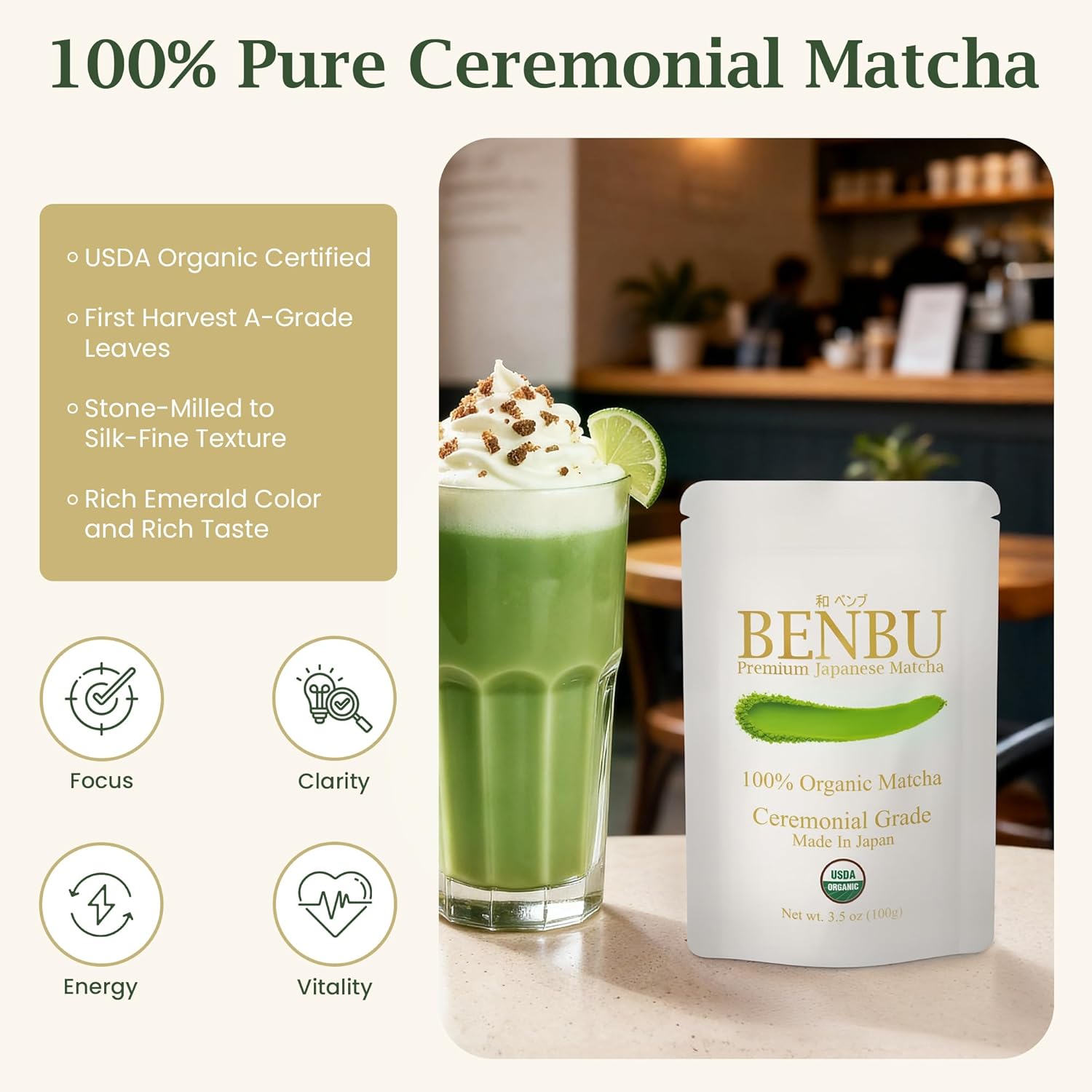 BENBU Matcha Powder - USDA Organic Ceremonial Grade, First Harvest, Stone-Milled in Japan, Authentic Japanese Green Tea, No Additives, 3.5 oz (100g) Pouch