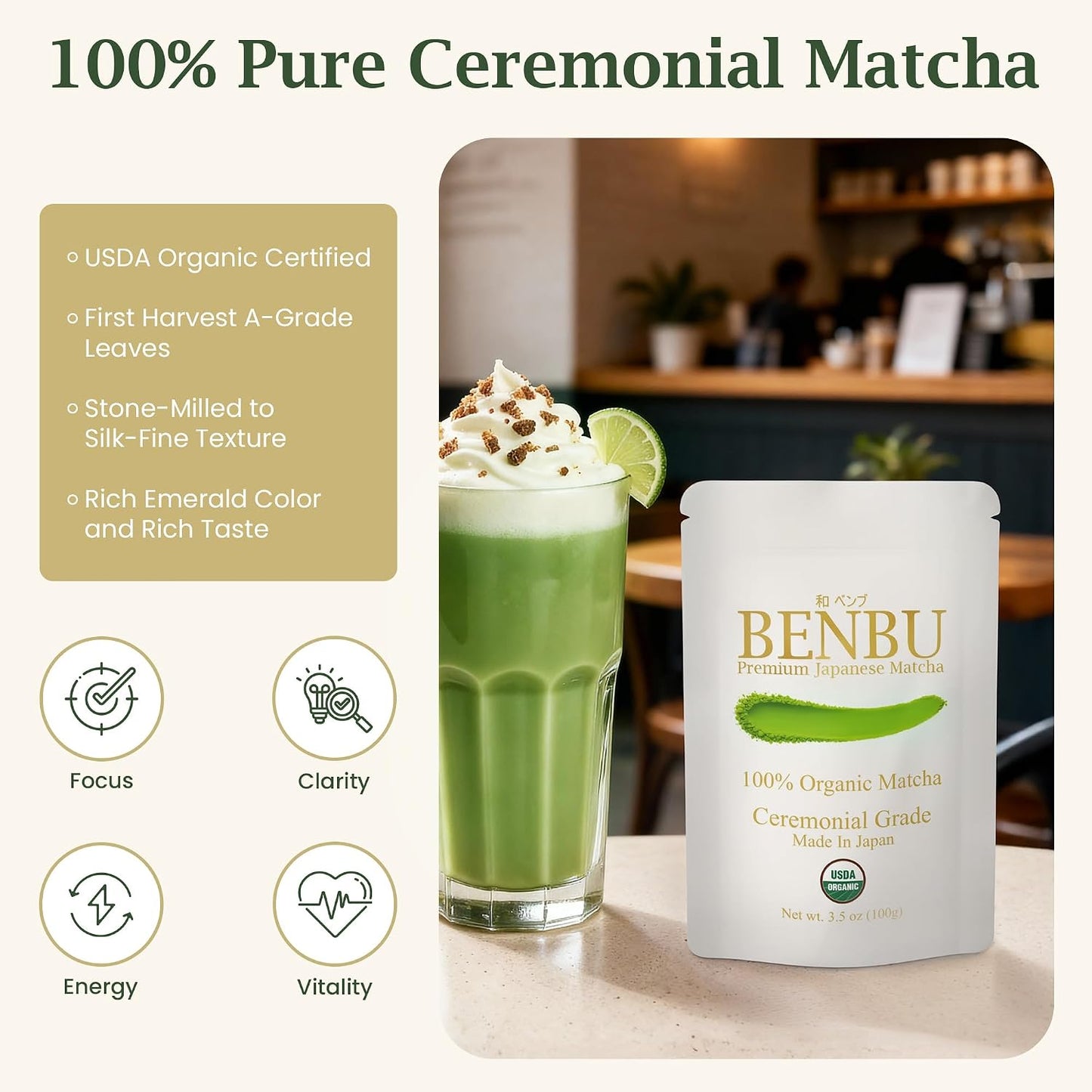 BENBU Matcha Powder - USDA Organic Ceremonial Grade, First Harvest, Stone-Milled in Japan, Authentic Japanese Green Tea, No Additives, 3.5 oz (100g) Pouch