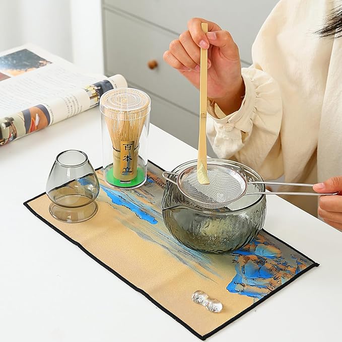 7 Pcs Matcha Whisk Set, Matcha Set Includes Matcha Bowl, Bamboo Matcha Whisk and Holder, Bamboo Scoop, Scoop Holder, matcha sifter and Tea Towel - Matcha Kit for Matcha Lovers (black)