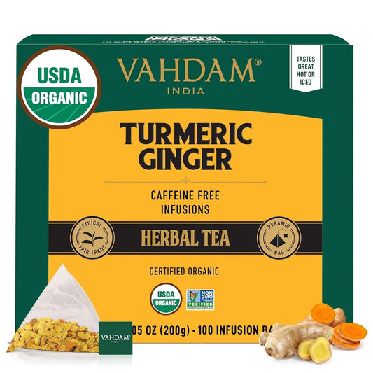 VAHDAM Organic Turmeric Ginger Herbal Tea Bags (100 Pyramid Tea Bags) Caffeine Free, Non GMO, 100% Pure Herbal Blend - Savory & Spicy
