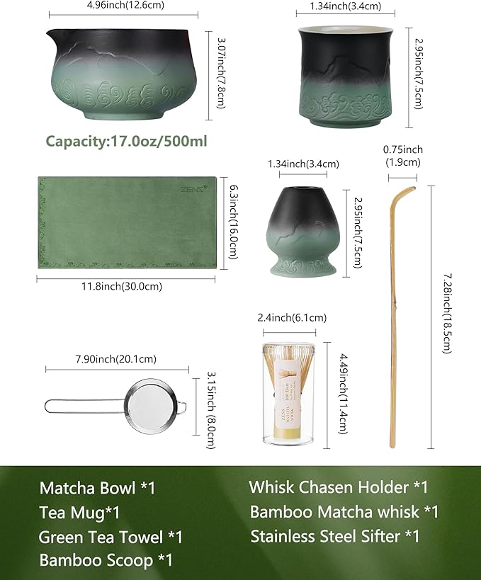 ZENS Matcha Whisk Set, 7pcs Matcha Kit Set with Ceramic Bowl and Matcha Cup, Bamboo Whisk & (Chasen Holder) Sifter, Scoop -Tea Towel, Japanese Chawan for Matcha-Making, Sage Green