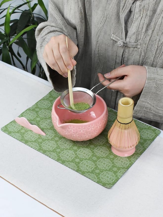 Artcome Matcha Tea Set – Pink Sakura Embossed Ceramic Bowl 17oz with Bamboo Whisk, Whisk Holder, Strainer, Scoop, Tea Spoon, Cloth