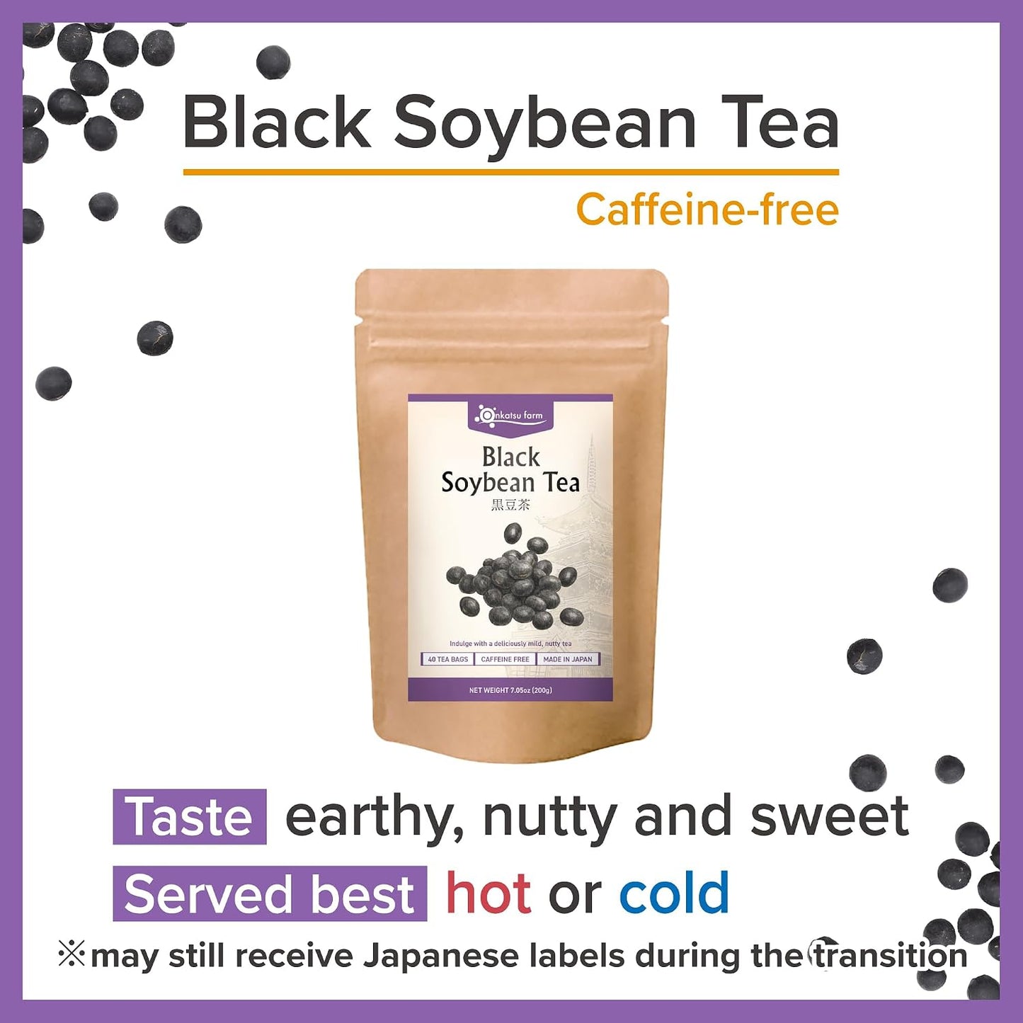 Onkatsu Farm Black Soybean Premium Japanese Tea Bags, Rich Nutty Flavor Hot or Iced No Caffeine 40 Count Teabags