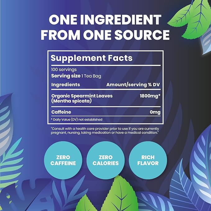 Organic Spearmint Herbal Tea — 100 Tea Bags, Grown in USA, Eco-Friendly Tea Bags, Non-GMO Caffeine Free Tea, Cederberg Tea Company