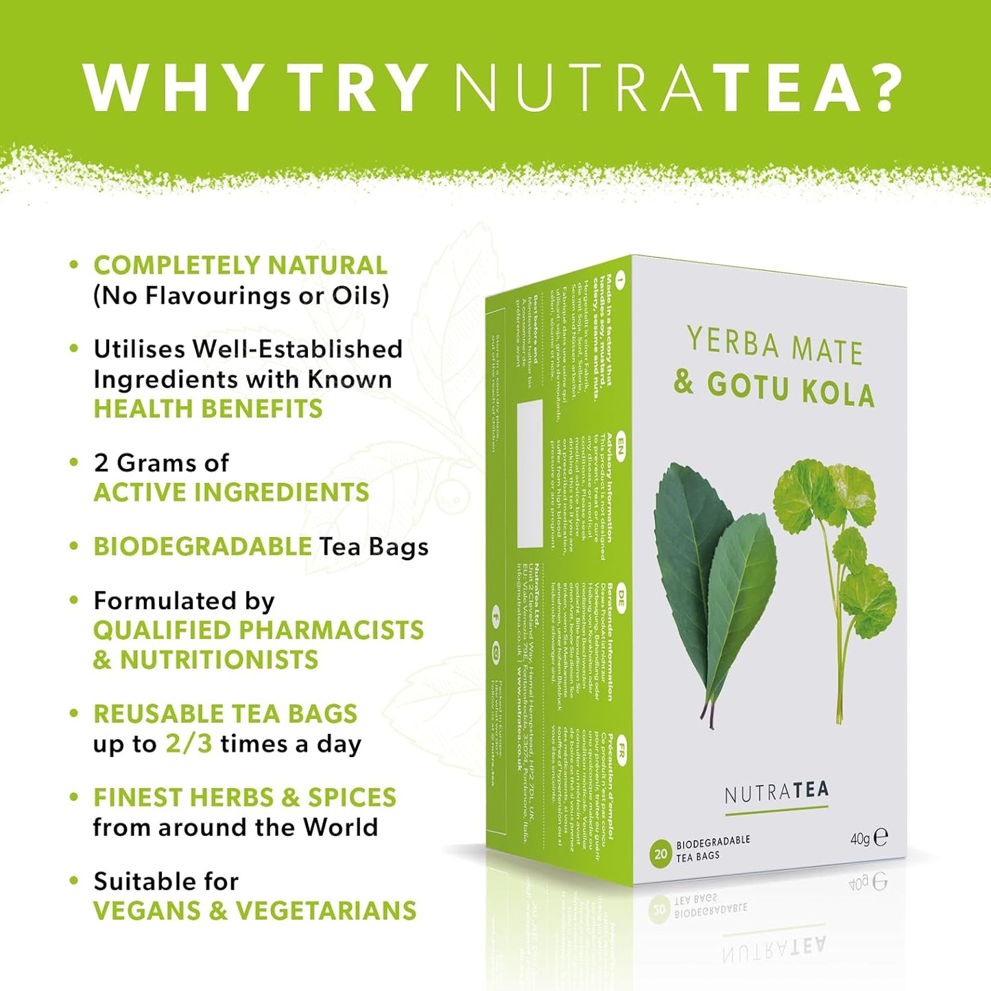 Nutra Tea - Yerba Mate &amp; Gotu Kola - Yerba Mate Tea, Focus Tea - With Centella Asiatica - Caffeine Alternative Without the Jitters - 20 Individually Wrapped Bags - Herbal Infusion (1 Pack)