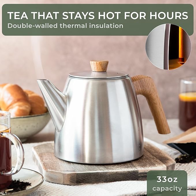 Waldwerk Tea Pot with Infuser - Double Wall Stainless Steel Teapot - Tea Pot with Infuser for Loose Tea