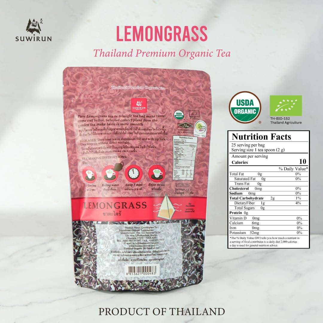 Suwirun Organic Lemongrass Tea 25 Bags – Product of Thailand – Citrusy &amp; Refreshing Herbal Tea, Caffeine-Free, No Calories, Soothes Throat &amp; Aids Digestion, Enjoy Hot or Cold