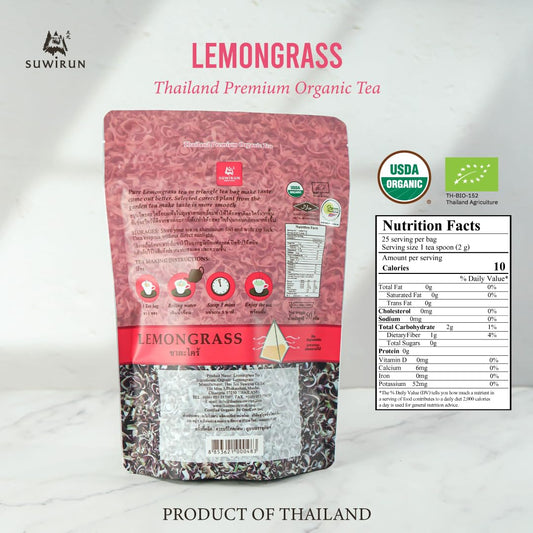 Suwirun Organic Lemongrass Tea 25 Bags – Product of Thailand – Citrusy &amp; Refreshing Herbal Tea, Caffeine-Free, No Calories, Soothes Throat &amp; Aids Digestion, Enjoy Hot or Cold