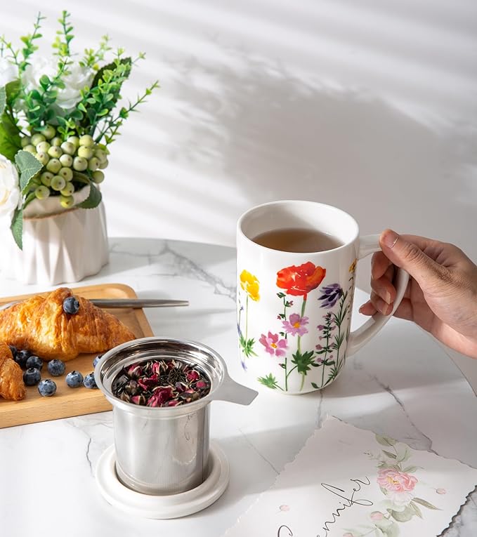 AmorArc Porcelain Tea Mug with Infuser and Lids, 18 Oz Coffee Cup Strainer with Bag Holder for Loose Leaf Tea