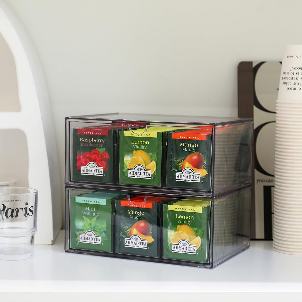 CLUQMEIK 2 Large Acrylic Tea Bag Organizer, 9 Grids Tea Organizers and Storage with Acrylic Drawers Stackable, Teabag Holder
