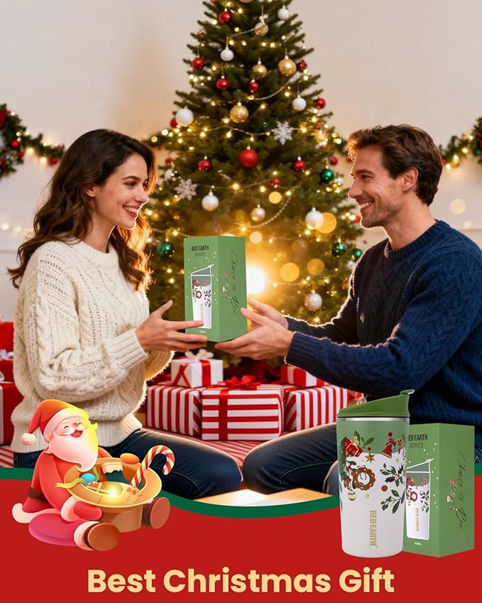 GiNT 17oz Christmas Tea Cup with Infuser and Lid - 4D Gold Foil Pattern (Bells & Holly)