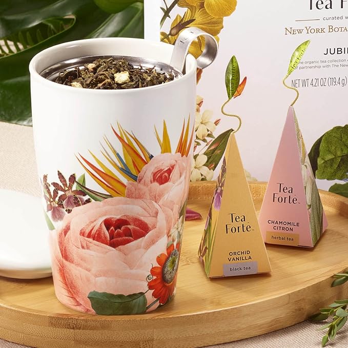 Tea Forte Double-Walled Ceramic Kati Cup, Removable Stainless Steel Infuser Basket and Lid, Steeps 12 oz Loose Leaf Tea, Dishwasher & Microwave Safe