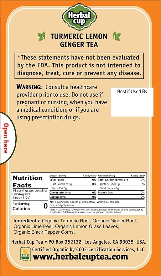 Herbal Cup Ayurveda Turmeric Tea, Organic Lemon Ginger, No Caffeine Herbal Teas (Organic Lemon Ginger, 16 Count (Pack of 6))